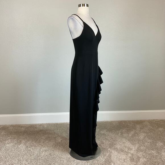 XSCAPE Sleeveless Ruffled Thigh Slit V-Neck Evening Gown Black Size 6 Formal - Picture 2 of 13